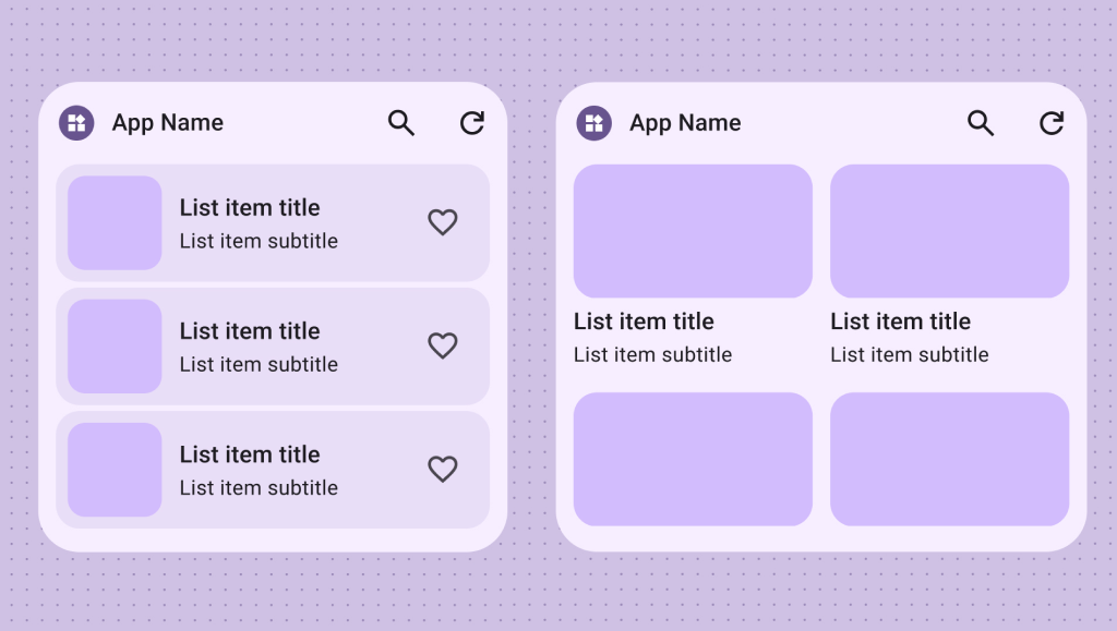 Examples of using Widget Canonical Layouts in Figma to design a widget for JetNews